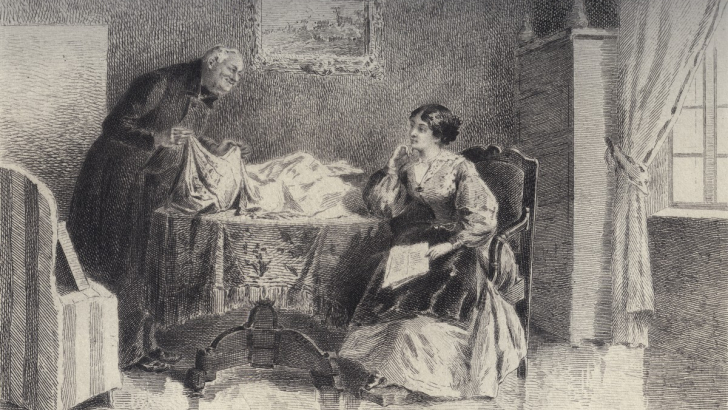 Alors M. Lheureux ex​hiba délicatement trois écharp​es algériennes. Illustration ​of the novel Madame Bovary b​y Gustave Flaubert France